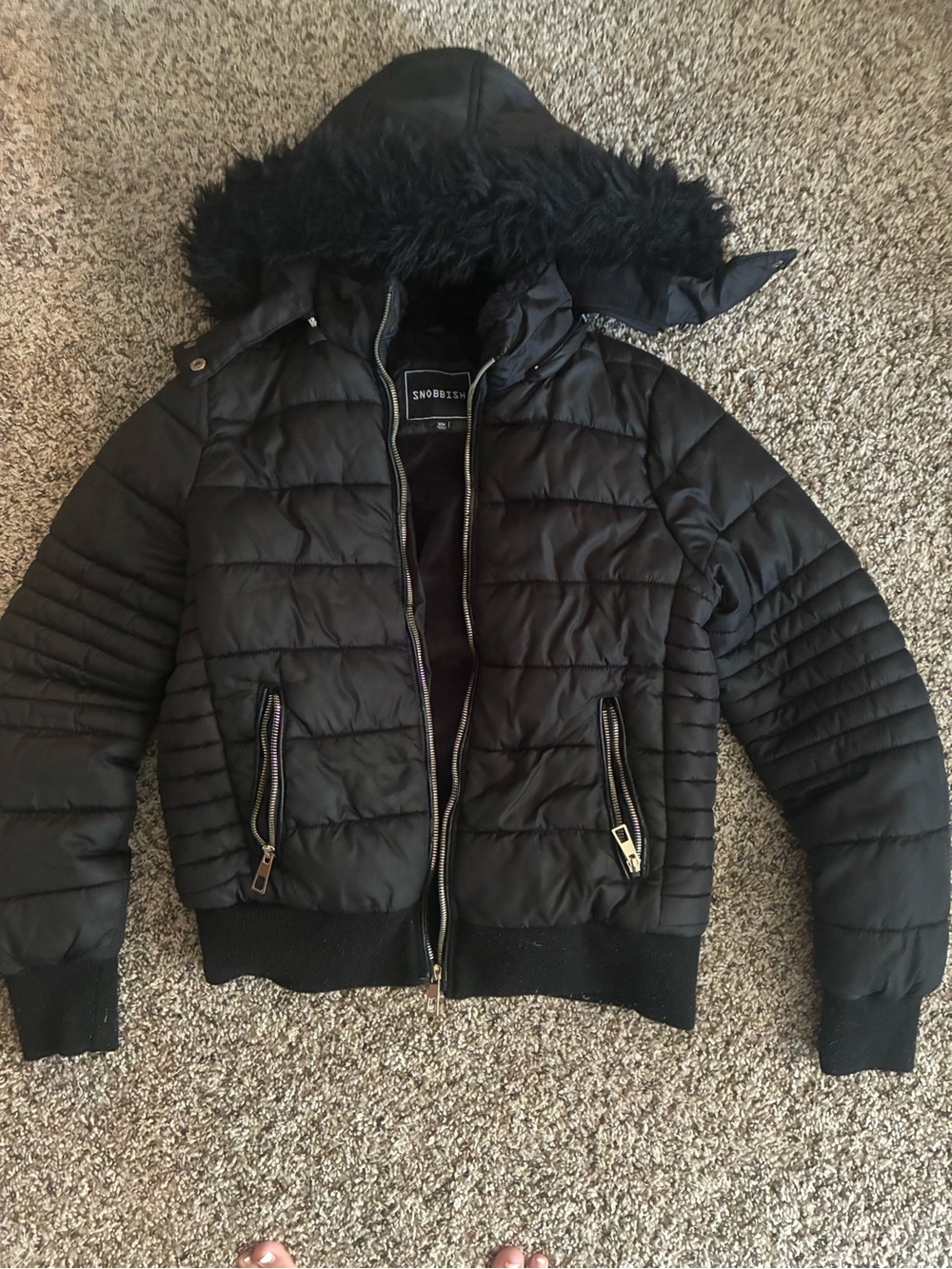 Snobish Black Quilted Hooded Puffer Jacket